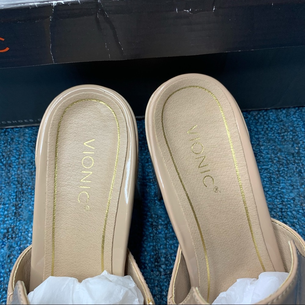 Vionic Plaza Annabel Patent Leather Slip On Heeled Mules in Sand - Picture 3 of 8